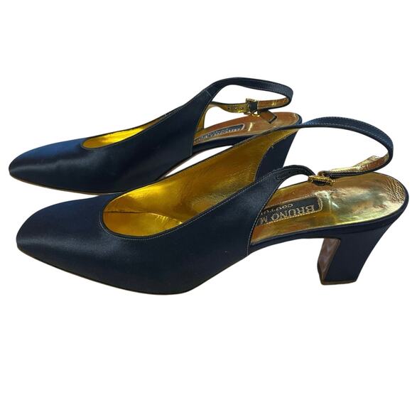 Bruno Magli Couture Navy Satin Sling Back Square Toe Kitty Heels Gold Detail 9.5 - Picture 1 of 14